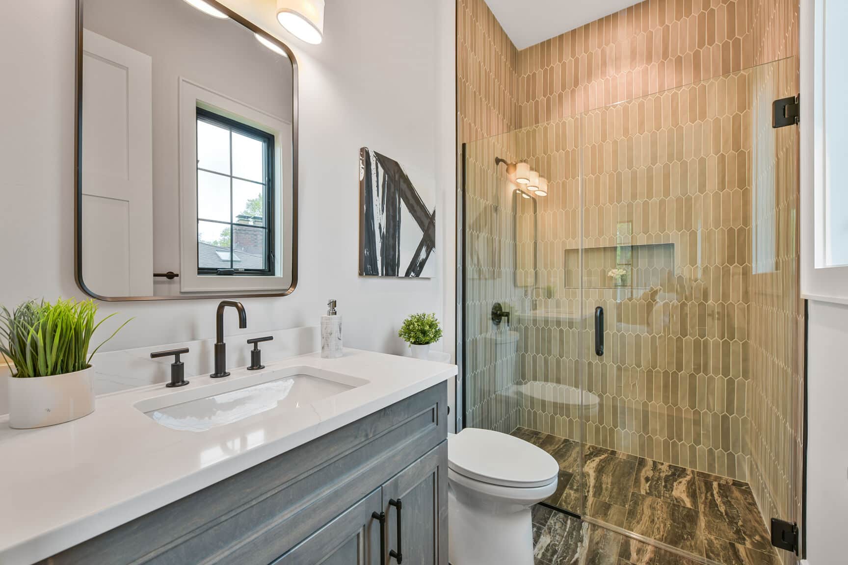Glass, tile, and clean lines - the morning routine elevated.