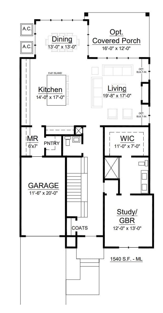 Island kitchen open to living, study ready to work double duty.