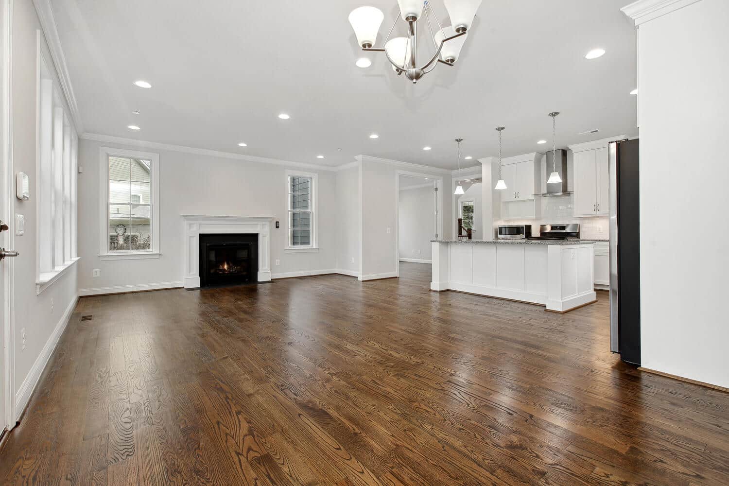 Fireplace anchors the open floor plan