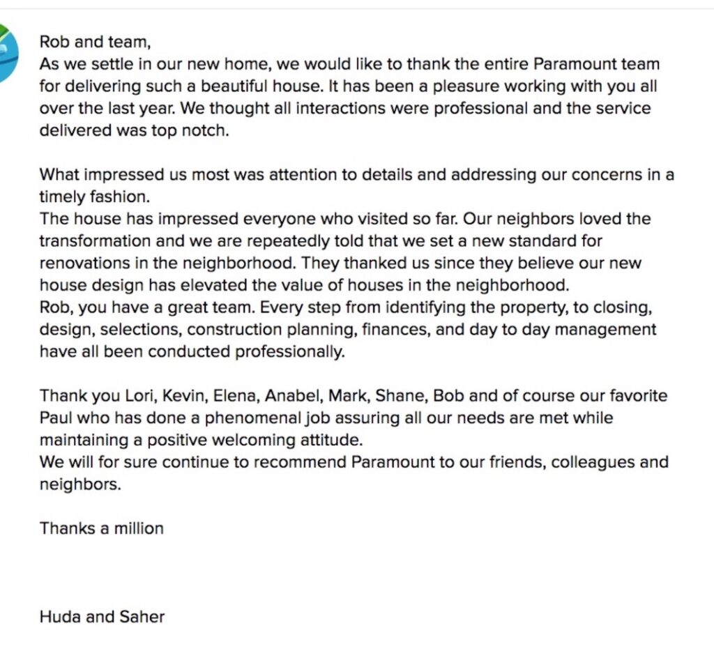 Paramount Construction on line reviews by home owners and new home buyers