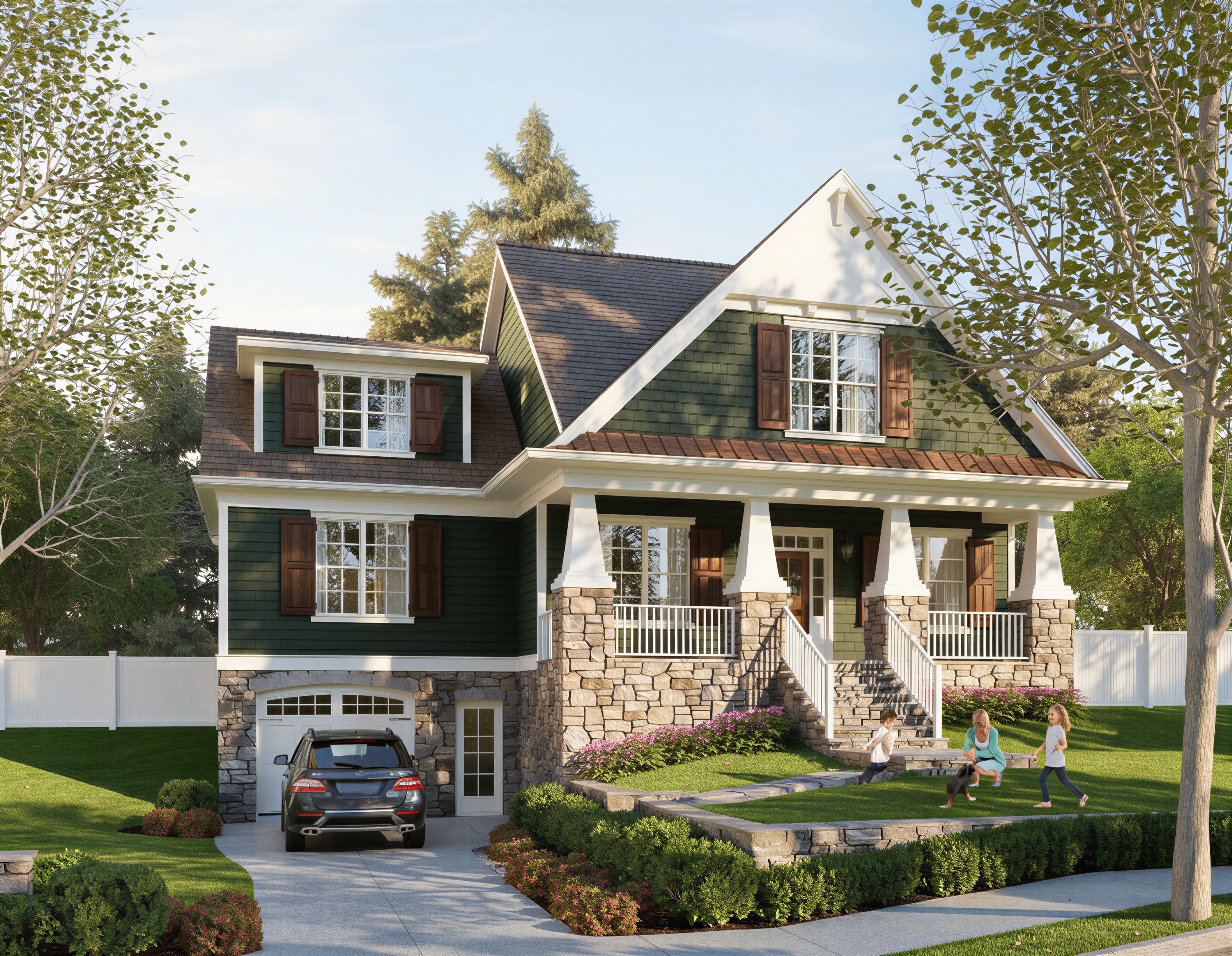 Stone base, covered porch, room for everyone to land.