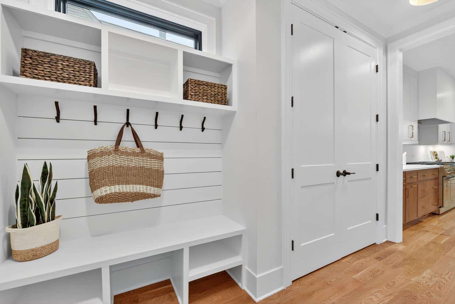 Hooks, cubbies, bench. The mess stops here.