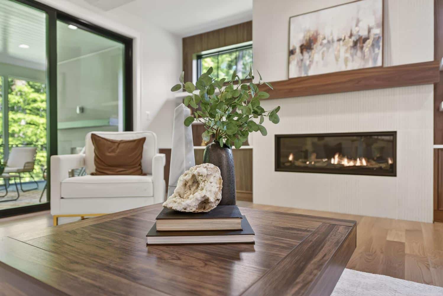 Crystal, greenery, and flame - one surface holds it all.