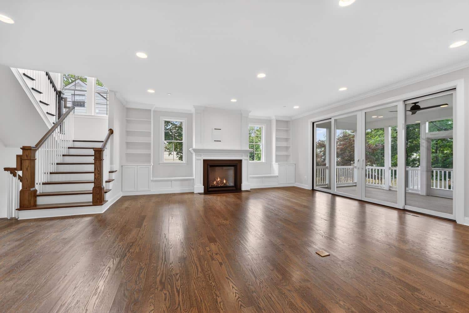 Fireplace, glass wall, one open floor