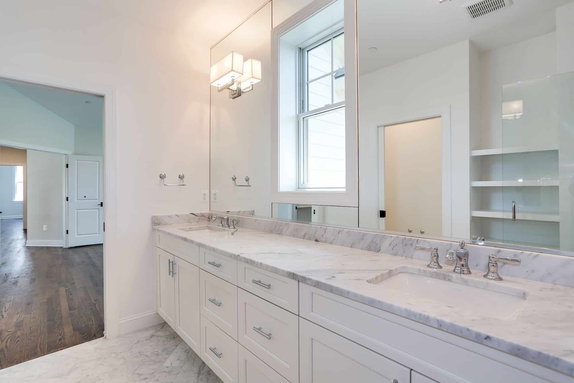 Rain head, glass enclosure, built-in shelf wall